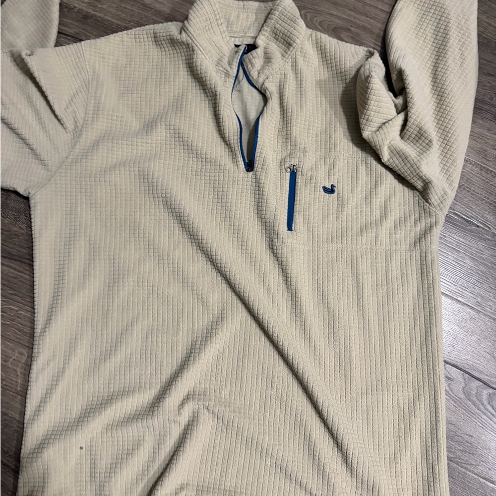 Southern Marsh Men's Quarter-Zip Sweater in Cream with Blue Trim